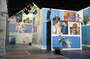 exhibition Tintin with projections of comic books' panels